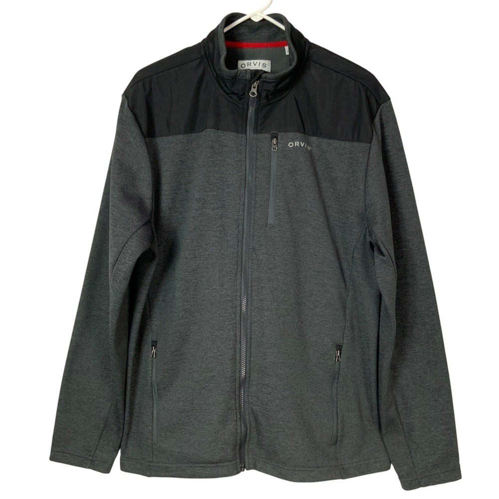 Orvis Gray Heather Full Zip Jacket Large Mock Neck Long Sleeve Mixed Media